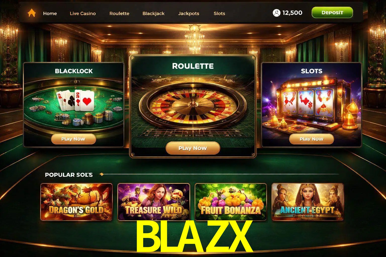 Vista de la plataforma BLAZX Casino mostrando categorías organizadas de juegos en línea