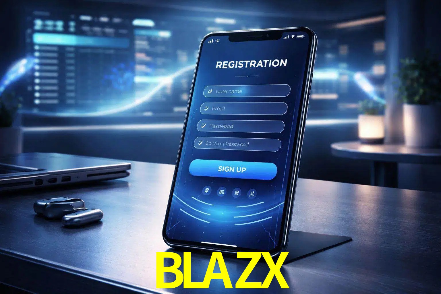 Una interfaz moderna de registro móvil para BLAZX mostrada en un smartphone con un panel de apuestas elegante.